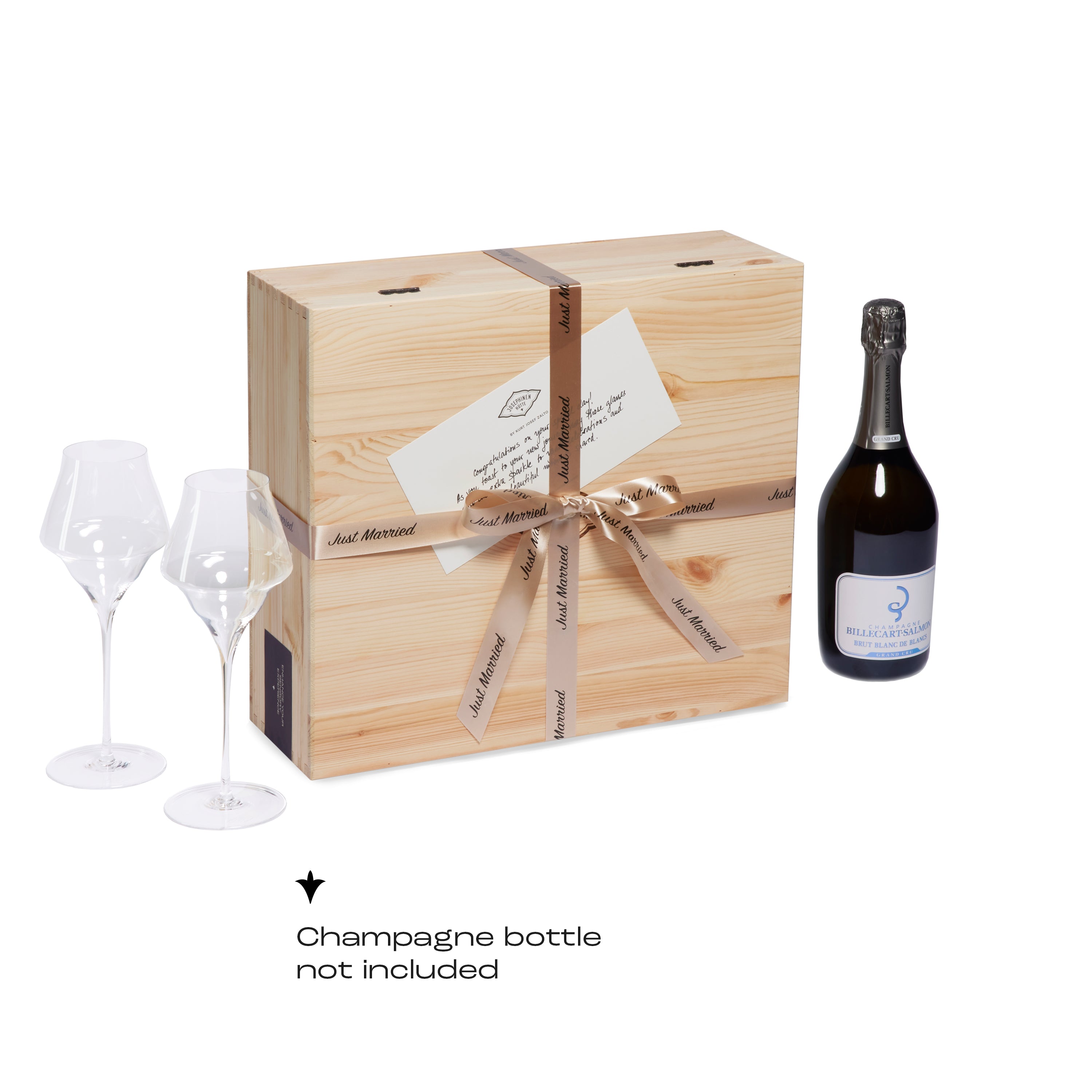 A Josephinenhütte wedding gift box set, showing the wooden box tied with a "Just Married" ribbon. The set includes two JOSEPHINE No 4 champagne glasses. Note that the champagne bottle is not included.