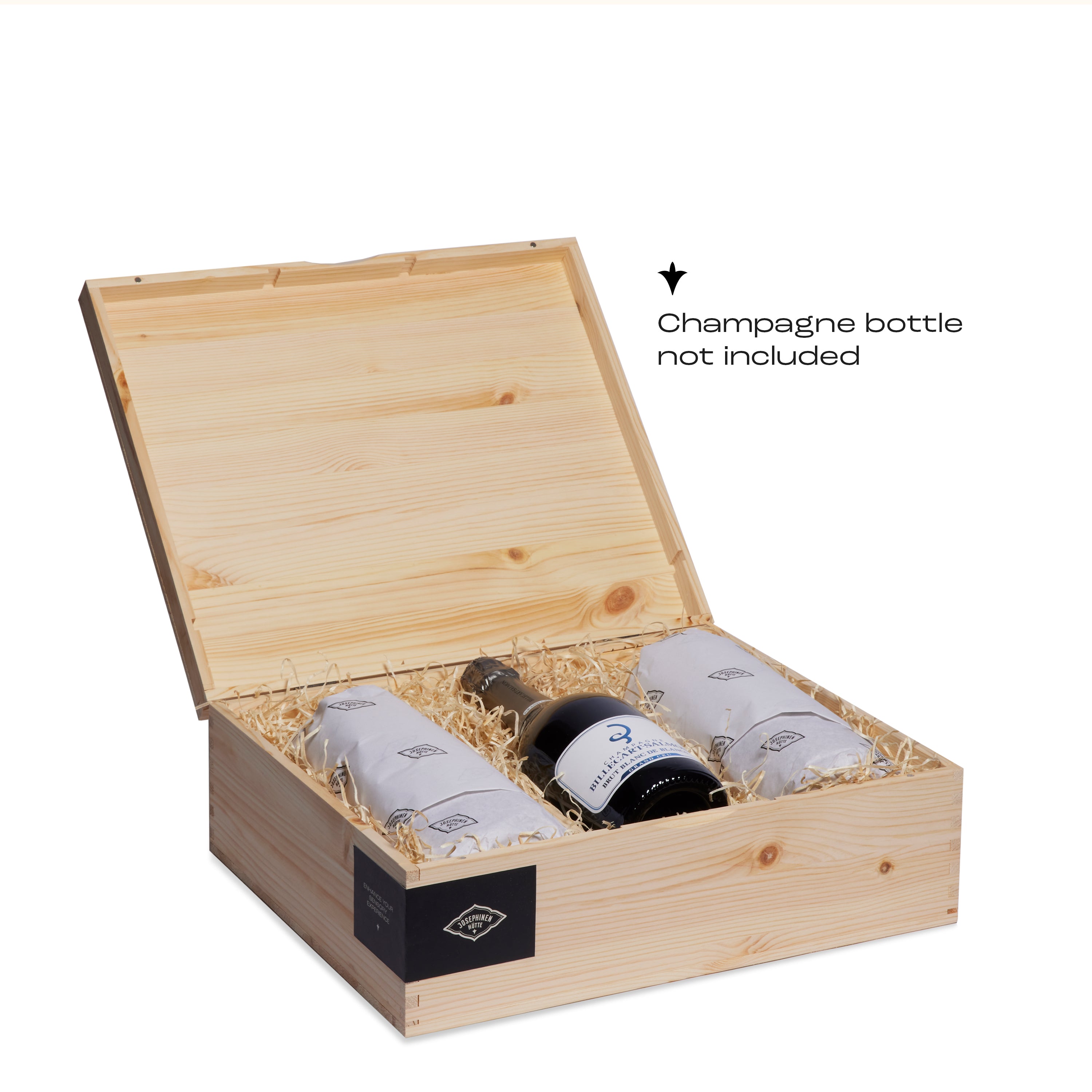 Inside the Josephinenhütte wedding gift box, featuring a beautifully packed wooden box with two JOSEPHINE No 4 champagne glasses and space for a bottle. Note: the champagne bottle is not included.
