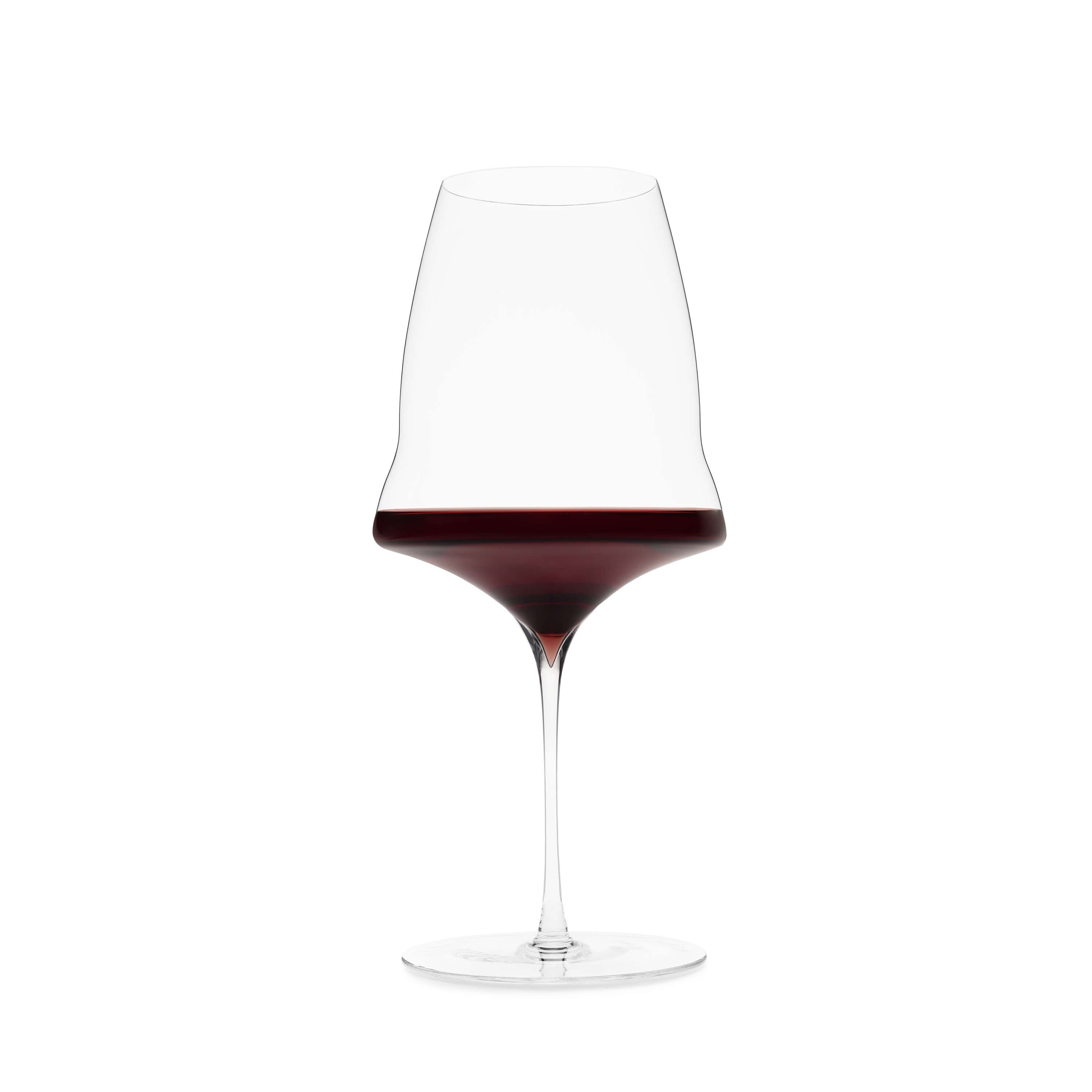 Single red wine glass filled with red wine by Josephinenhütte